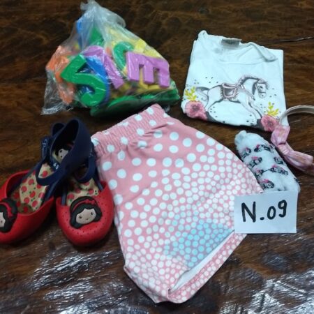 N-09: FEMININO: sapato (Branca de Neve) nº 22; short; camisa de malha; par de meias; brinquedo educativo