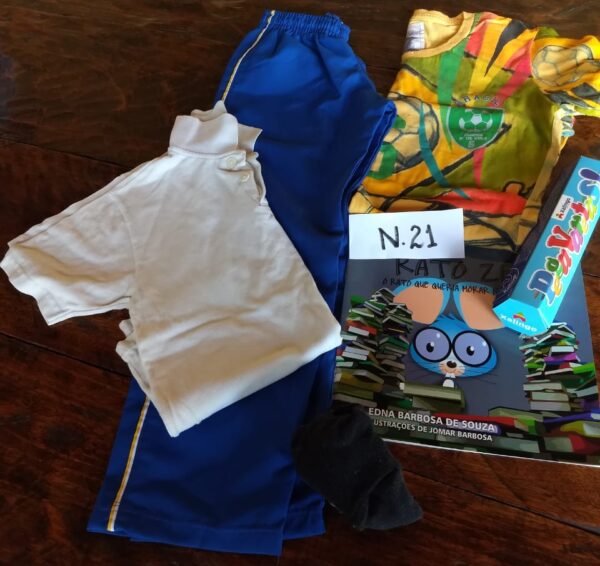 N-21: MASCULINO: livro; jogo de varetas; par de meias; camisa de malha; blusa Polo; calça de tactel