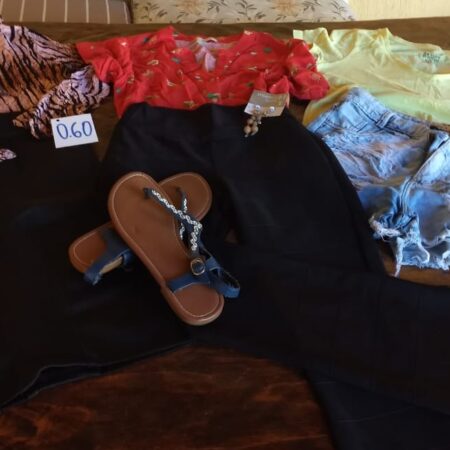 O-60: FEMININO: saia justa (P); blusa (P); short jeans (estilo rasgado - P); calça comprida (P); sandália rasteirinha (nº 42);