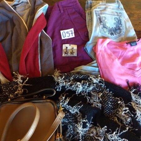 O-57: FEMININO: uma bolsa de couro; calça jeans (M); um short (M); uma camisa (M); um blusa de lã (M)