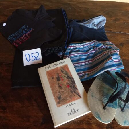 O-52: MASCULINO: livro "A caverna" de José Saramago; um chinelo Havaianas (nº 38); um pijama de malha (verão); uma calça de tactel (P); blusa (P)