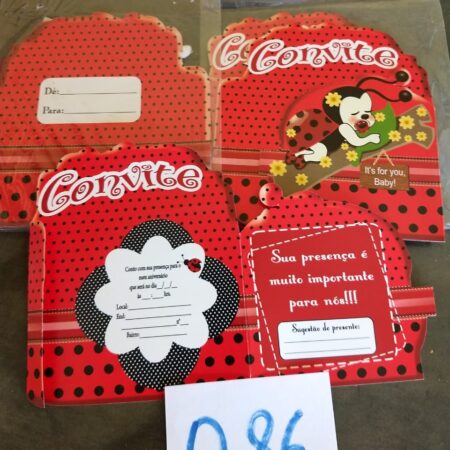 Q-86: convite para festa: Joaninha - Pacote com 8 unidades