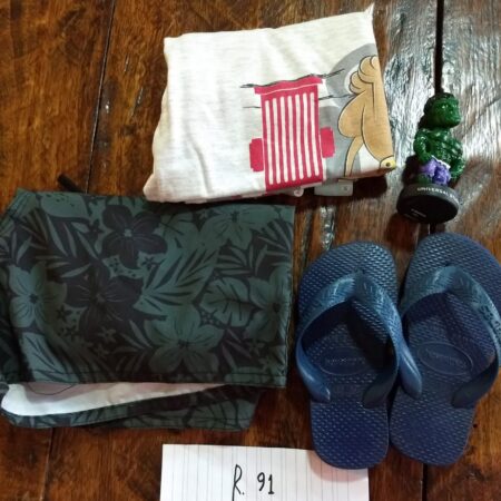 R-91: MASCULINO: short de tactel; blusa de malha; Havaianas nº 23/24; boneco do Incrível Hulk