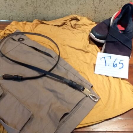 T-65: FEMININO: tênis (nº 35); saia; cinto de couro; blusa de malha de manga curta