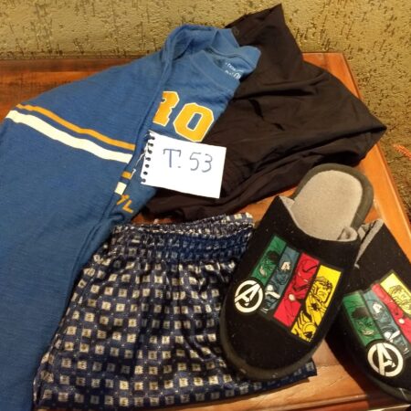 T-53: MASCULINO: pantufa de Super-Heróis (nº 37); agasalho de malha; bermuda de tactel