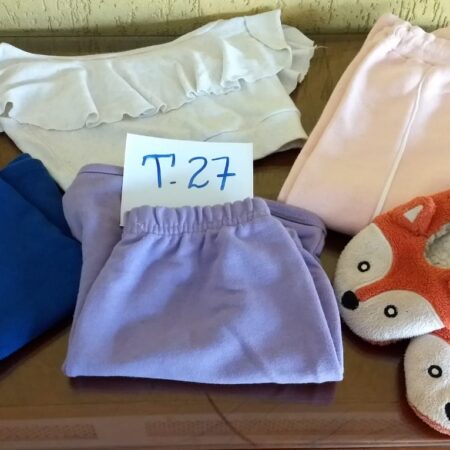 T-27: FEMININO: pantufa (nº 30); short de malha; calça de moleton; 2 blusas