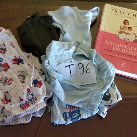 T-96: MASCULINO: livro (A encantadora de bebês); 2 body (malha/manga curta); 2 casacos em malha; body (inverno com pezinho)