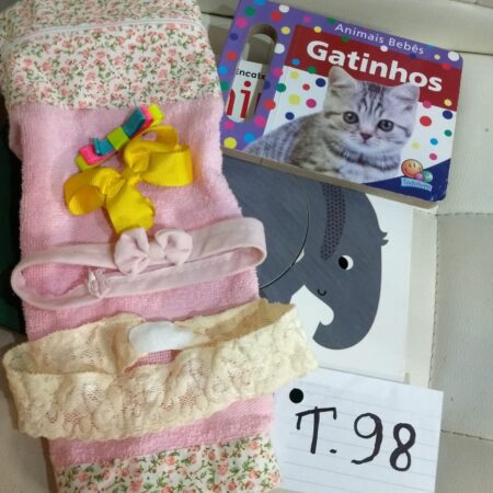 T-98: FEMININO: 2 livros infantis; toalha de boca; 2 laços de cabelo; 2 fitas de cabelo