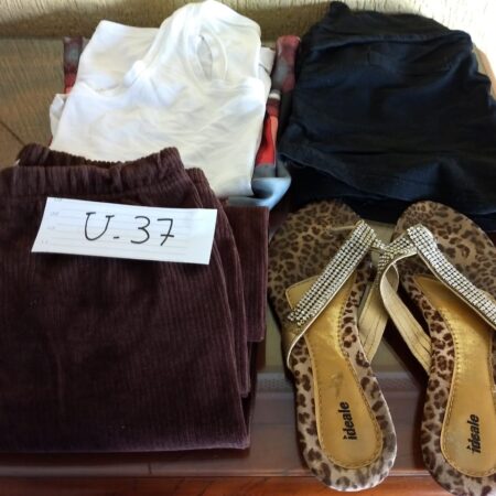 U-37: FEMININO: chinelo rasteirinha (nº 37) com strass; calça comprida de veludo; bata em cetim; camiseta; short em tecido