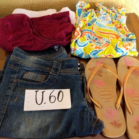 U-60: FEMININO: calça jeans; cpijama de verão; chinelo Havaianas (nº 37)