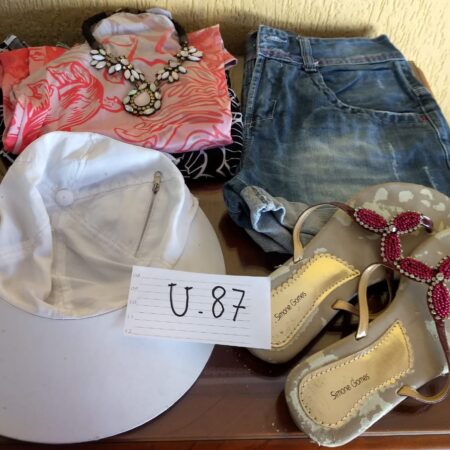 U-87: sandália rasteirinha (nº 41); blusa de malha fria (manga 3/4); short jeans; bata de malha fria;